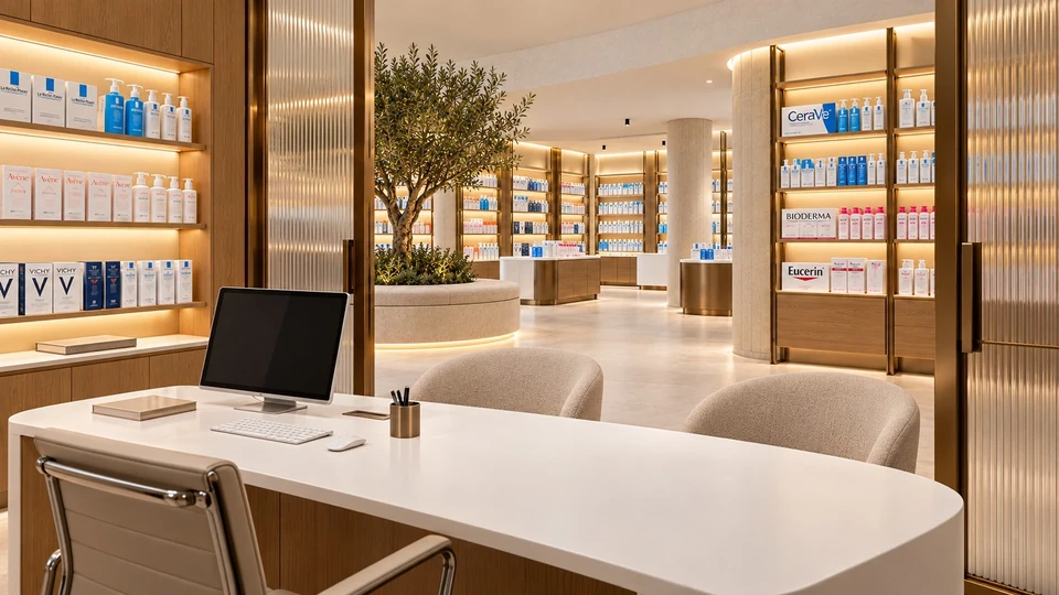 Class Rock style — View from consultation into the pharmacy