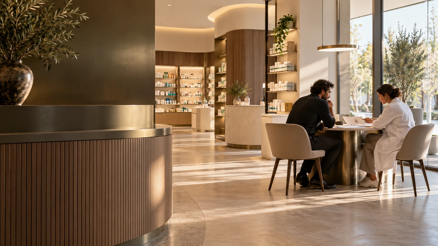 Scène éditoriale sur la conception d’une pharmacie Scène éditoriale d’échange sur la conception d’une pharmacie.