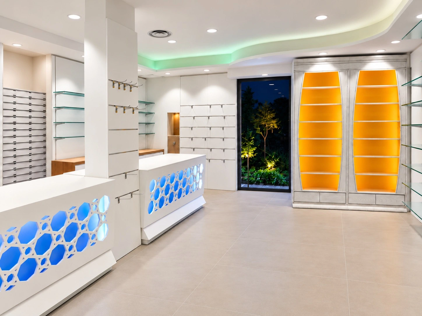 Farmacia Santa Rita — Banchi retroilluminati e fondale espositivo