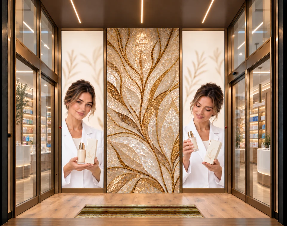 Farmastore entrance with decorative mosaic, bronze finishes, oak flooring and LED walls; Class Rock furnishings can be glimpsed through the side glazing.