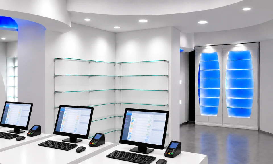 White interior with central counter and pale-blue niches