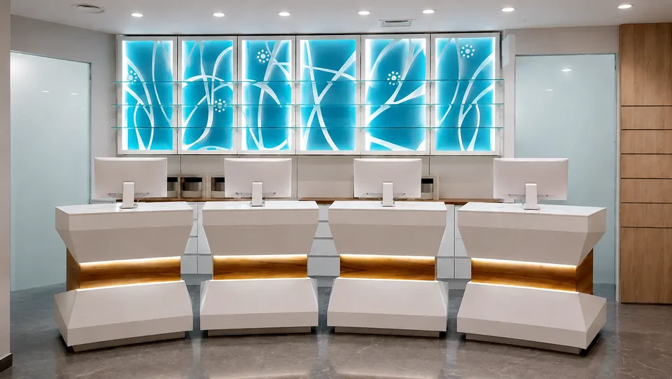 Waiting area with white seating and turquoise decorative panels
