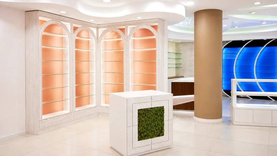 Consultation area with pink panels and sculptural blue wall