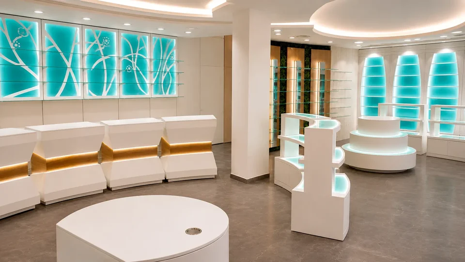 Consultation area with seating and green backlit walls