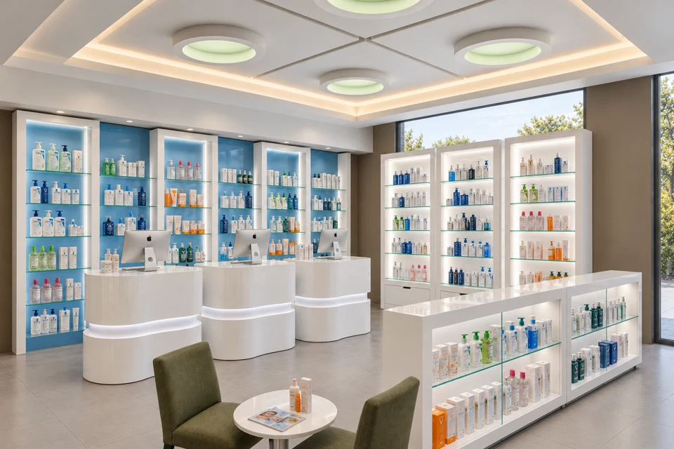 Shaped white furniture and pale-blue pharmacy shelving