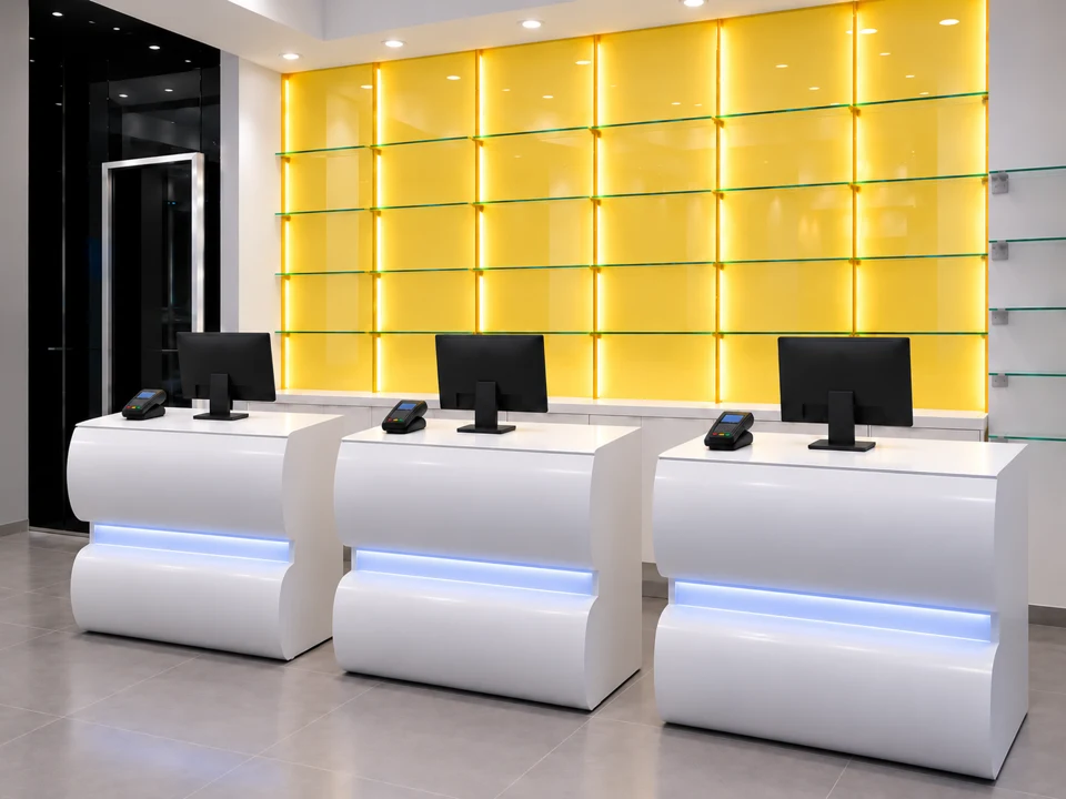 Harmonious balance between shapes and colours — Right view of white curved counters and yellow back display