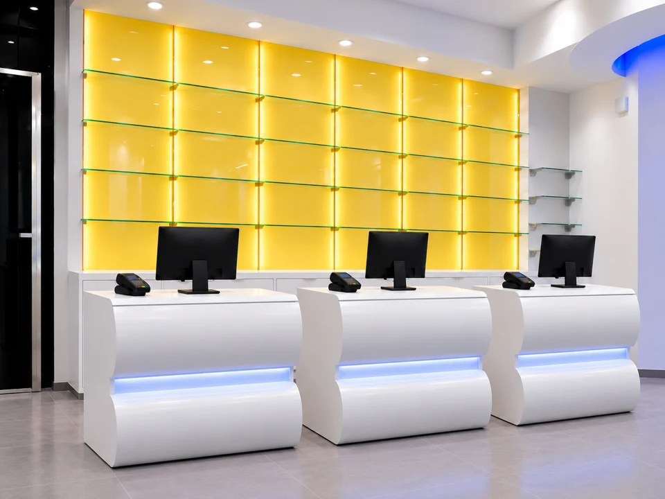 Harmonious balance between shapes and colours — Left view of white curved counters and yellow back display