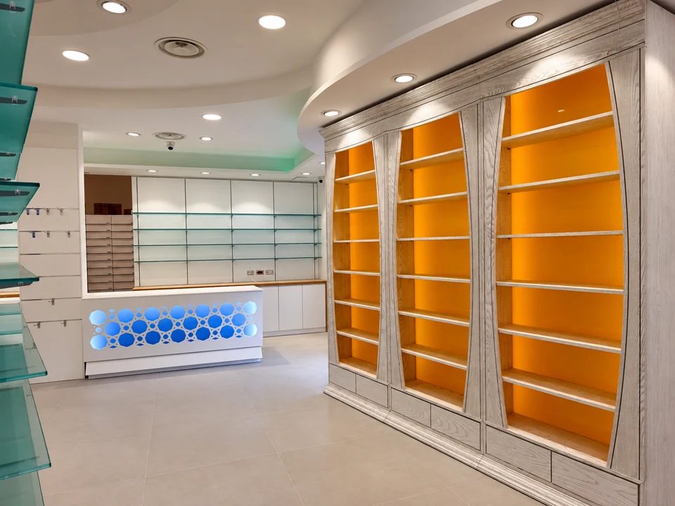 White corner counter with blue patterned front