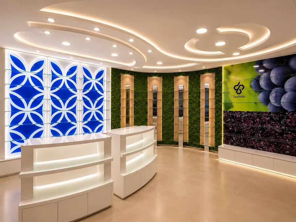 Curved white counter with perforated front and feature wall