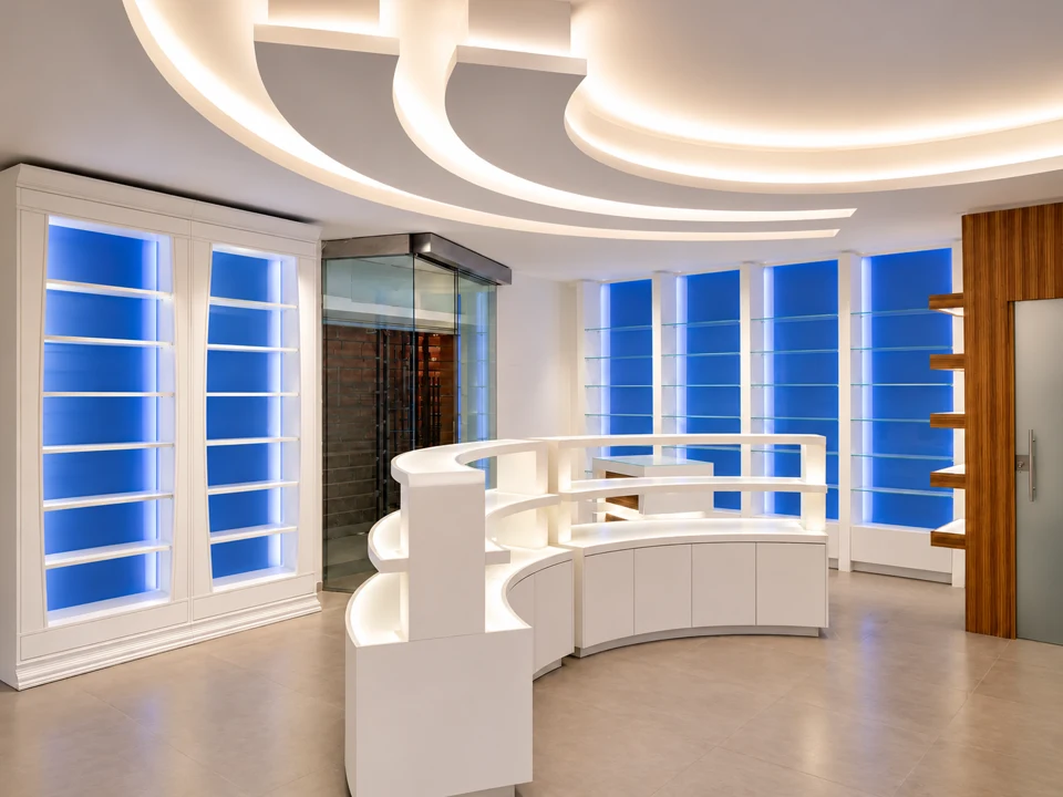 Curved white counter and blue pharmacy walls