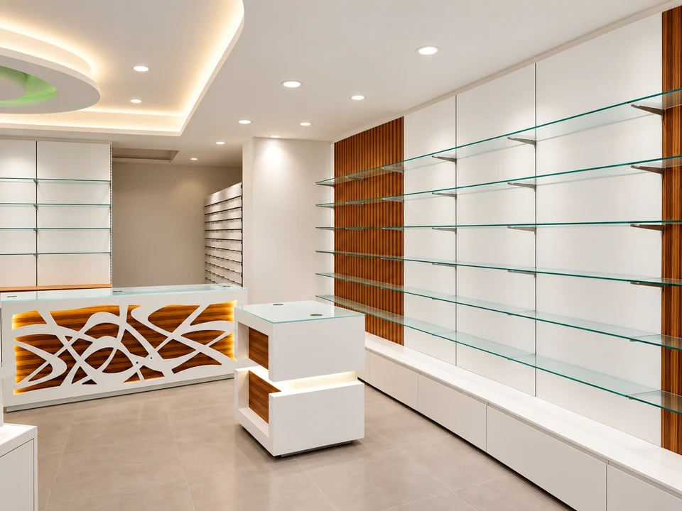 Decorated white counter and linear glass shelving