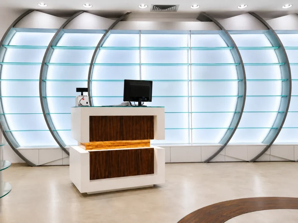 White and wood counter before an illuminated arched wall