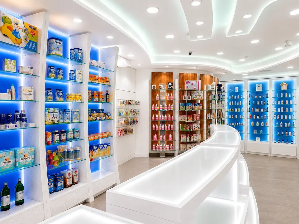 Shaped white counter and coloured shelving