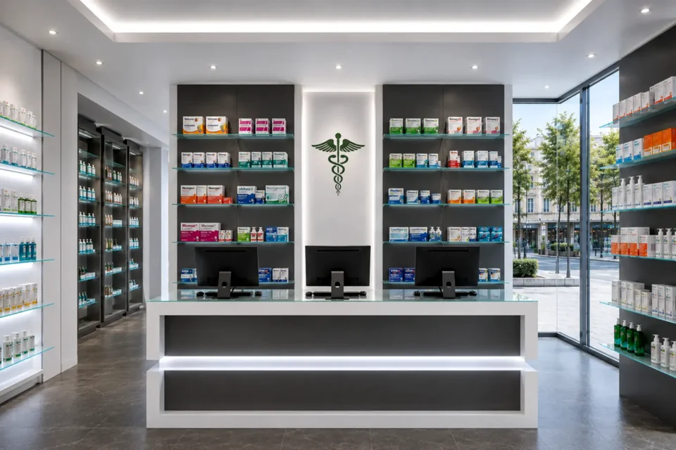 White central counter with pharmacy symbol on the wall