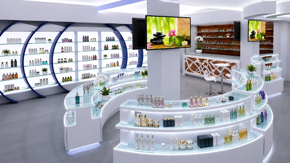 Circular counter and display island at the heart of the pharmacy
