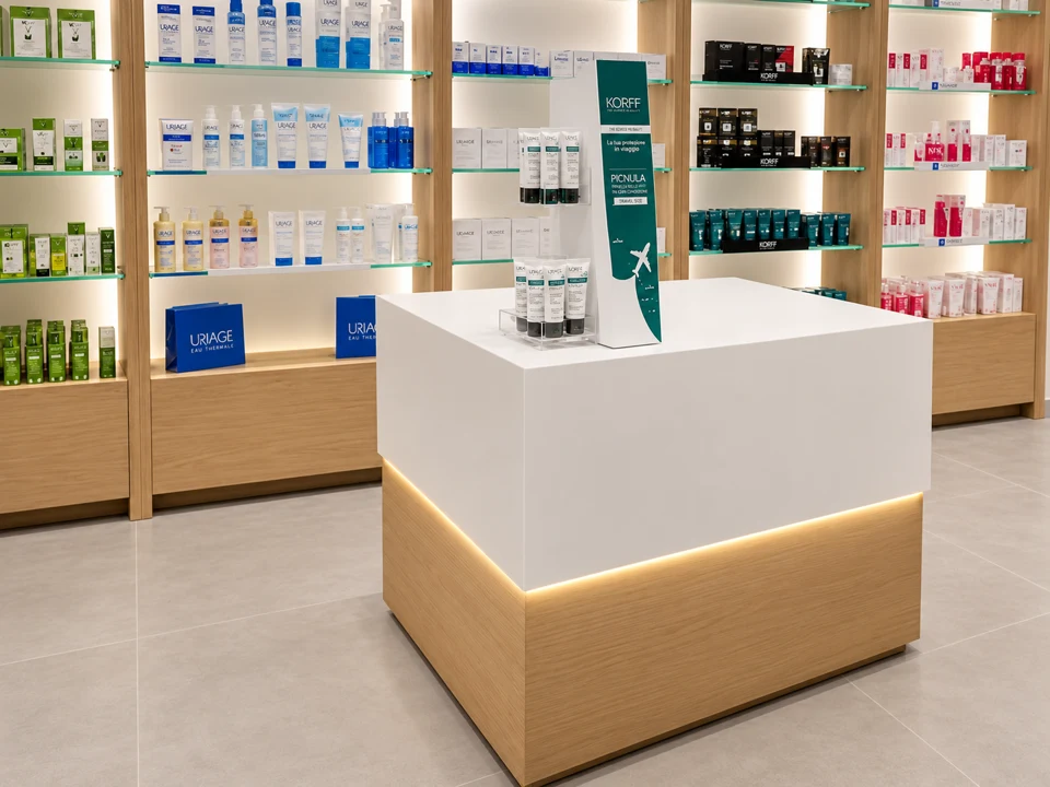 Compact white and timber counter in front of the product wall