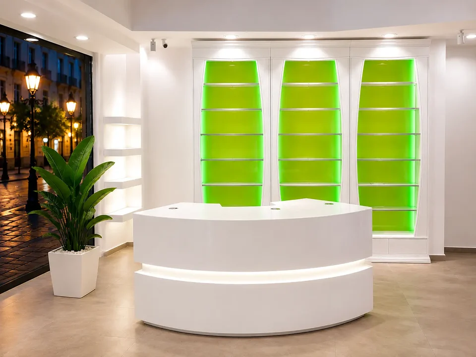 Curved white counter in front of green niches