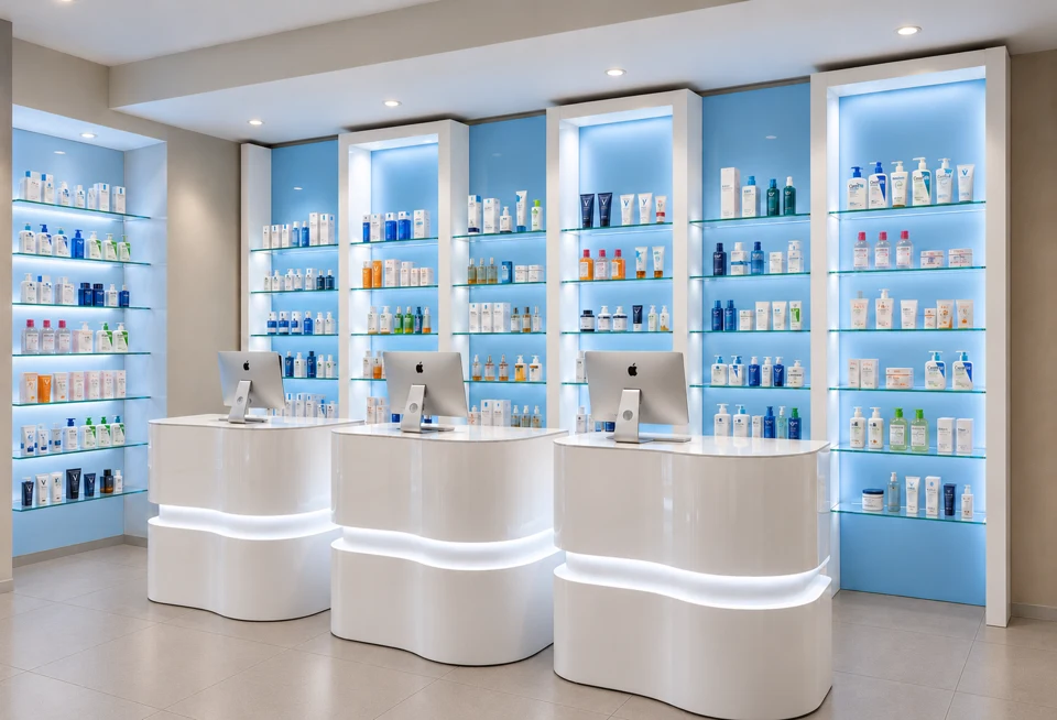 Curved counter and display walls illuminated in blue