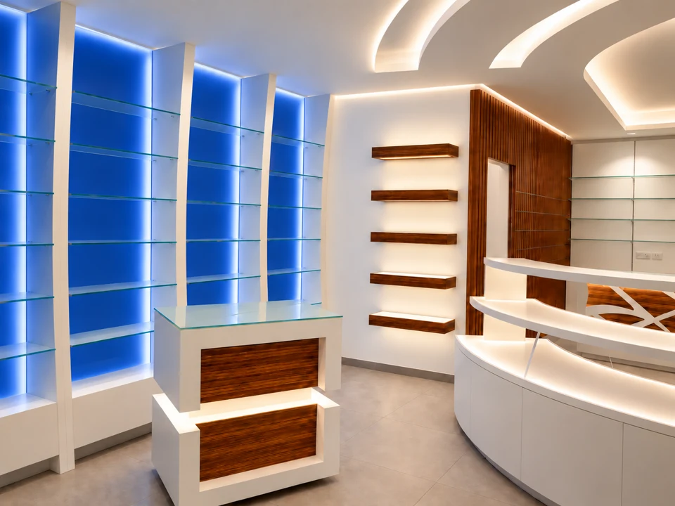 Counter and blue modules integrated into curved furniture