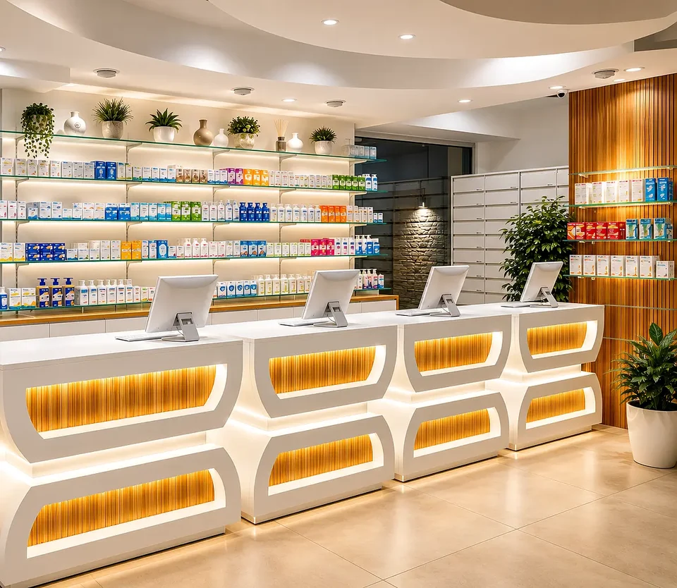 Pharmacy counter with backlit front and green wall
