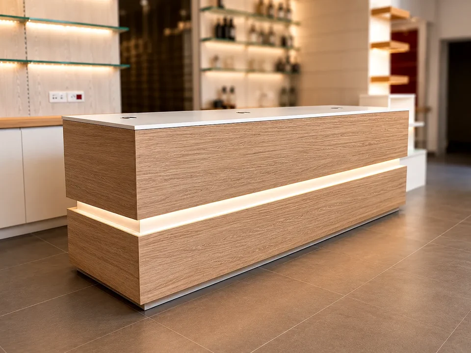 Linear timber pharmacy counter with illuminated bands