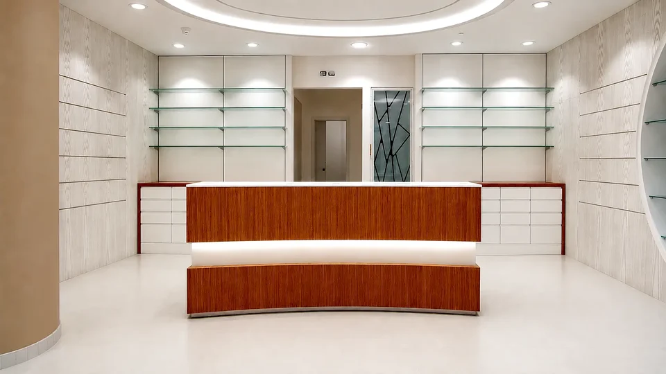 Linear white and timber counter in a minimalist interior