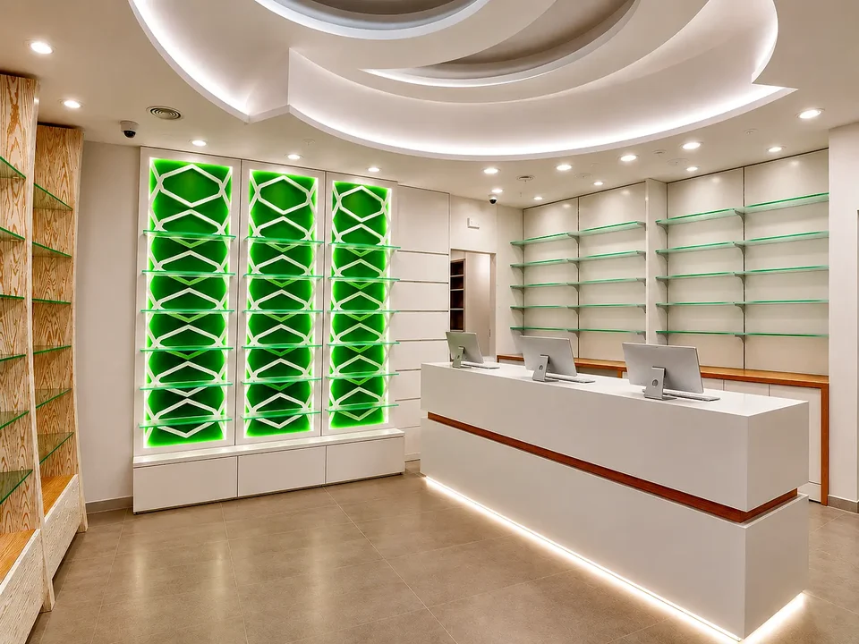 Linear counter with green perforated backlit wall