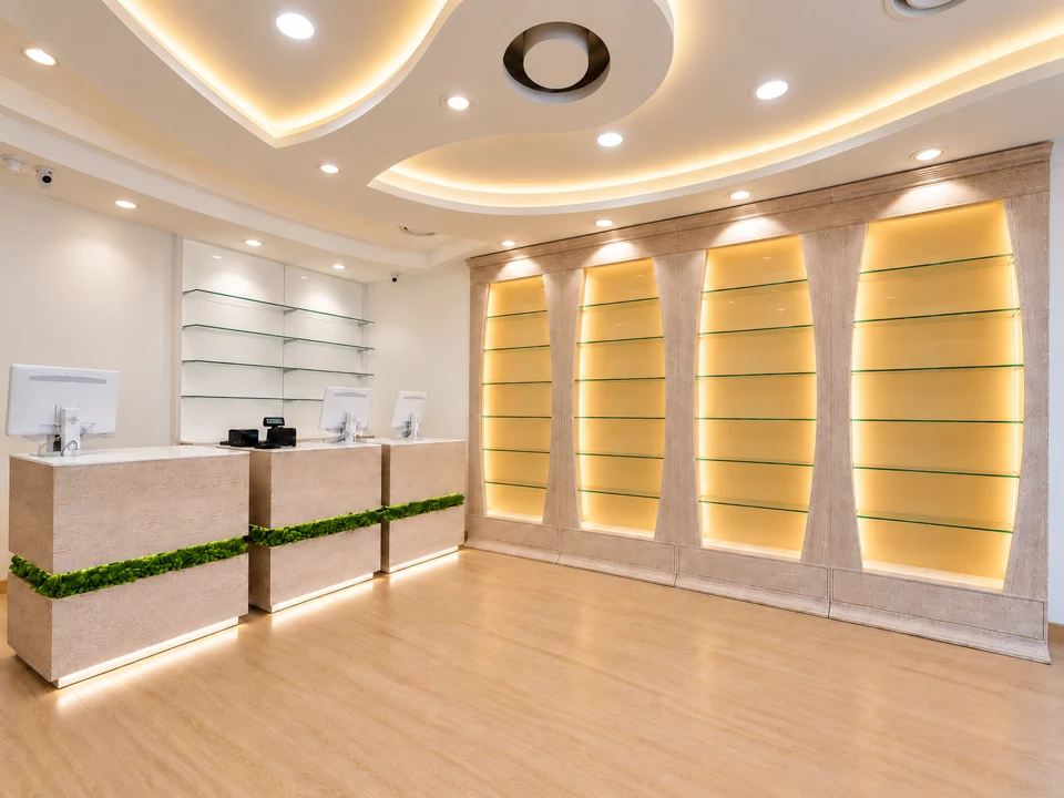 Counter and white display walls, side view