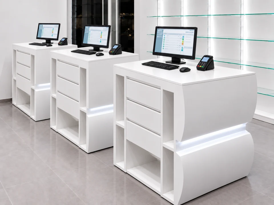 White technical counter with storage compartments