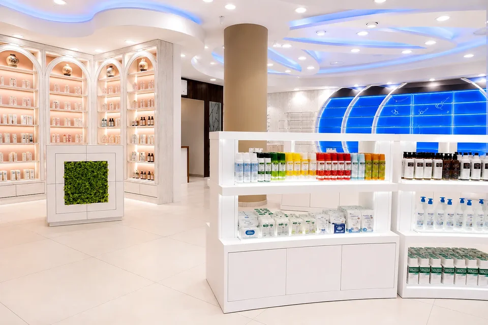 Sales counter with green front and display walls