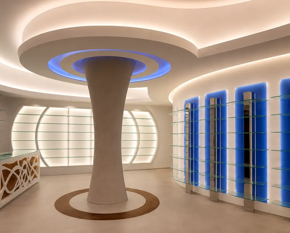 Central column with blue ring and perimeter shelving