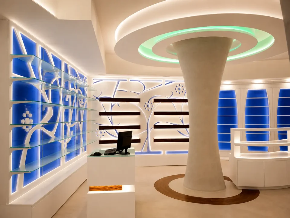 Central column and blue walls beneath a curved ceiling