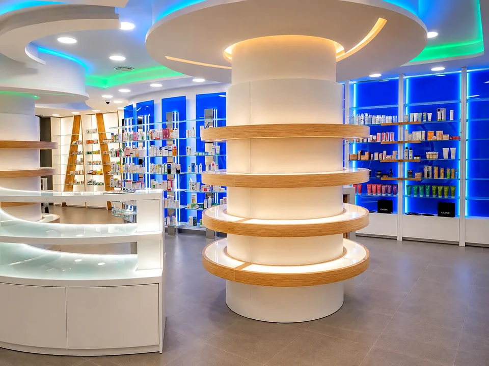 Circular display column beneath a coloured suspended ceiling