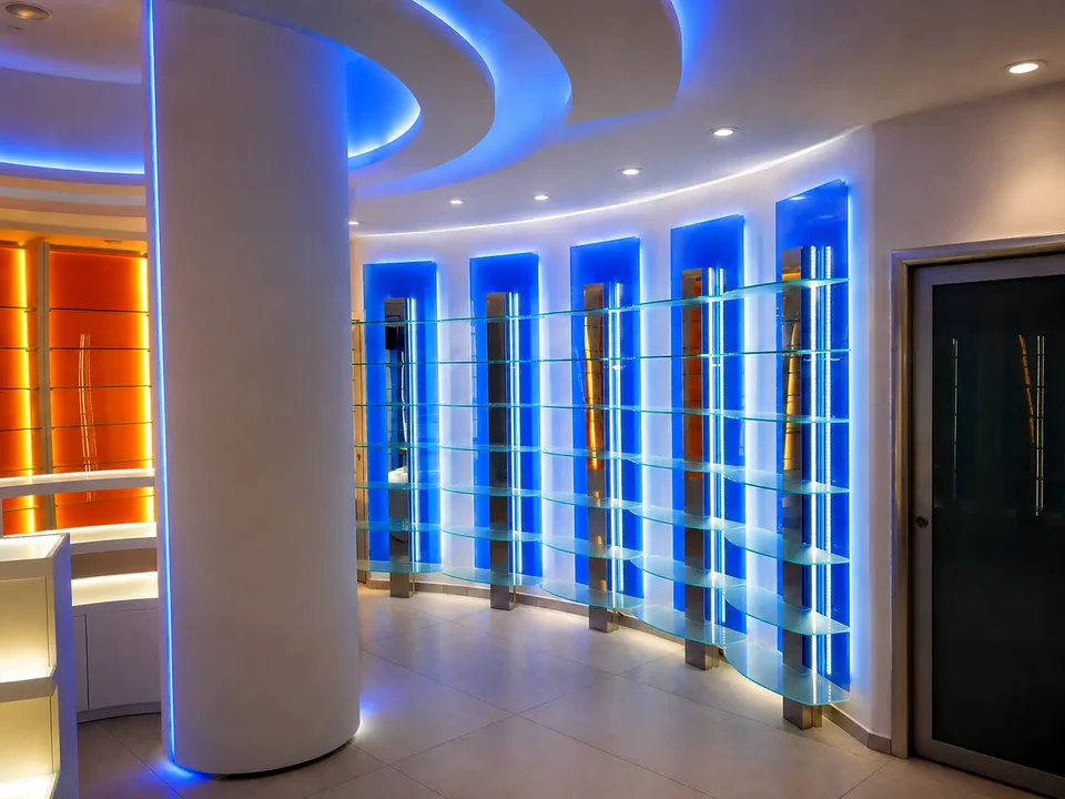 Display corridor with blue niches and indirect lighting