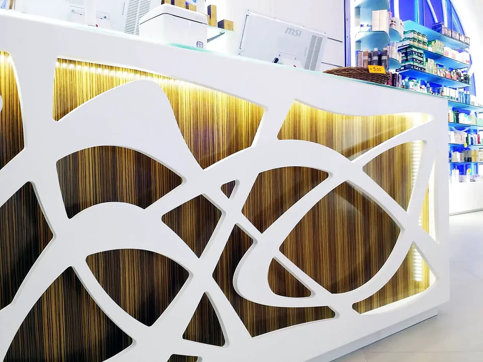 Detail of a counter front with white organic motif