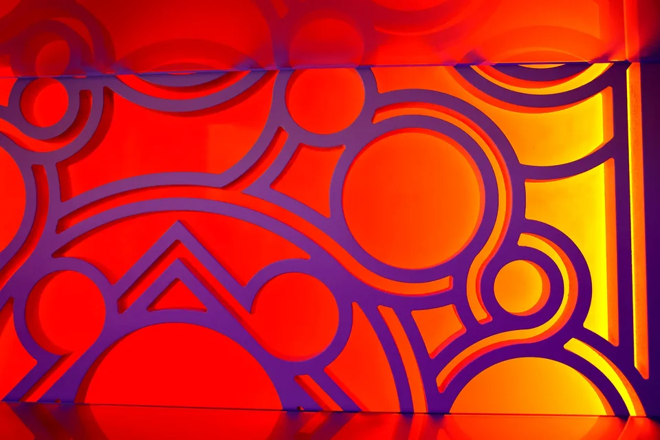 Detail of an orange and blue decorative panel
