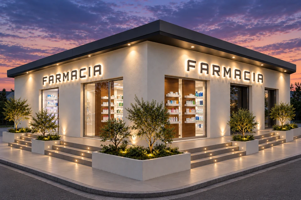 Evening pharmacy exterior with illuminated windows and signage
