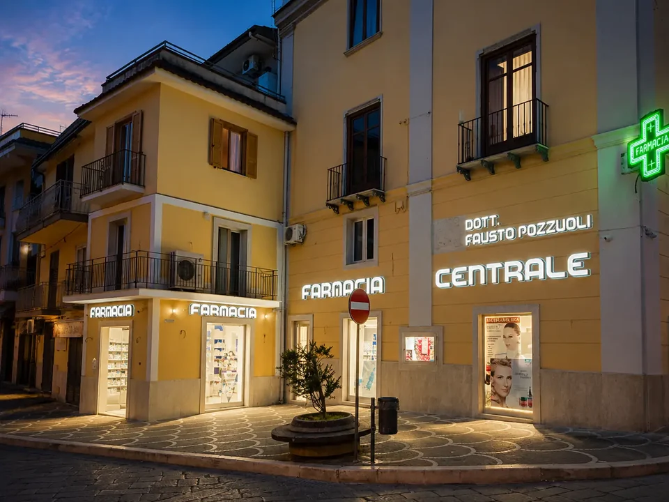 Evening façade of Dr Fausto Pozzuoli’s Farmacia Centrale with illuminated signage