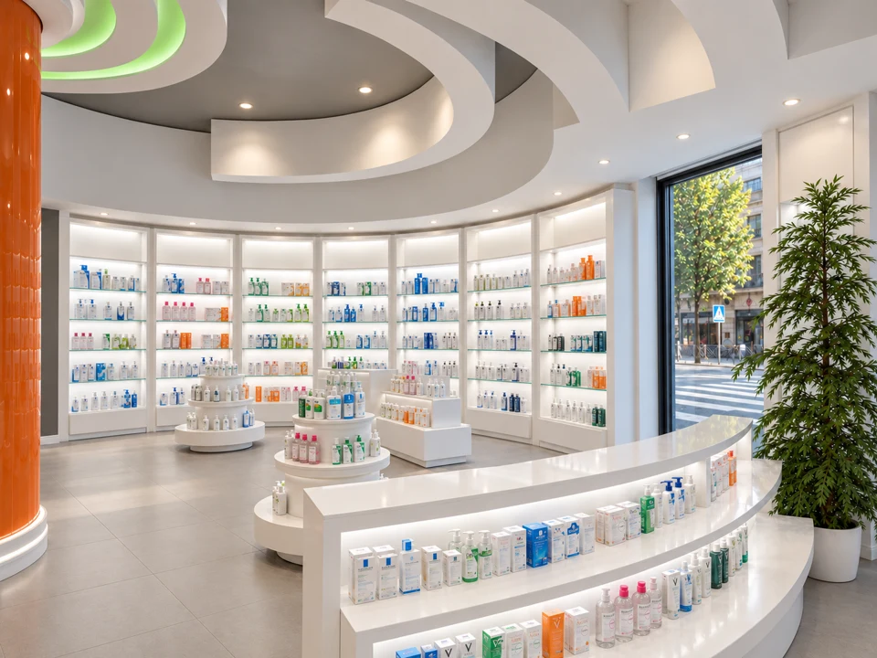 Farmacia Centrale — Curved display and orange column