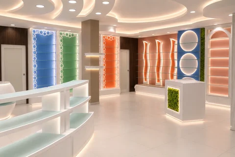 Interior da Farmácia OASI em Giugliano in Campania com paredes expositivas coloridas, ilhas brancas e luz integrada