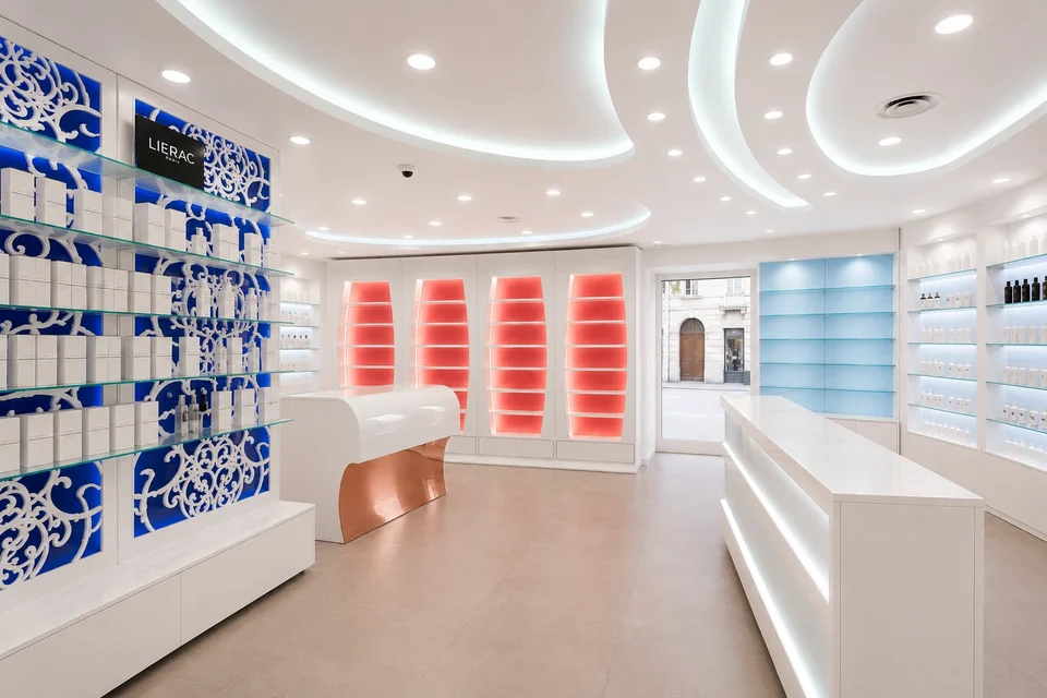 Pharmacy with a blue decorative wall, red niches and a curved ceiling