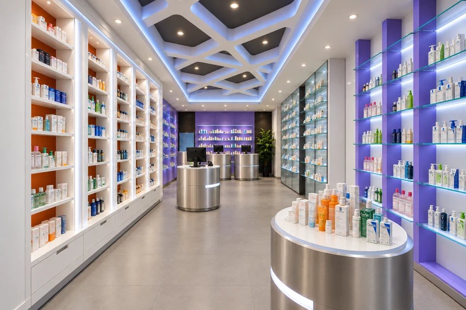 Farmacia Centrale — Interior with geometric ceiling and cylindrical counters