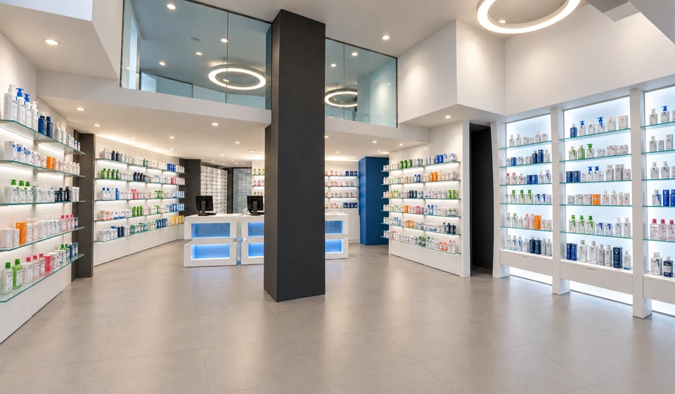 Farmacia Centrale — Wide view with dark columns and glazed mezzanine