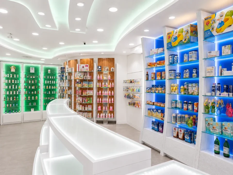 Curved display island between blue and green shelves