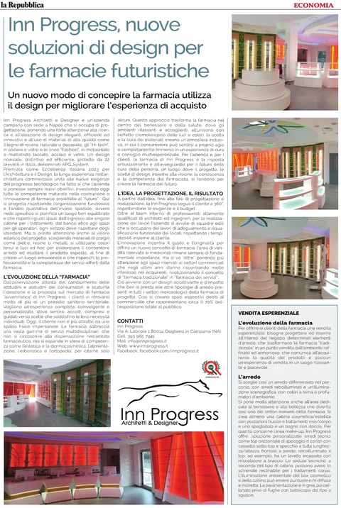 Economia page in la Repubblica, 28 July 2023, dedicated to INN PROGRESS design solutions for the pharmacies of the future