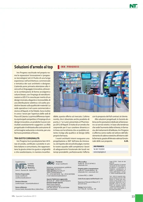 April 2013 Cosmofarma special feature ‘High-performing furniture solutions’ about INN PROGRESS