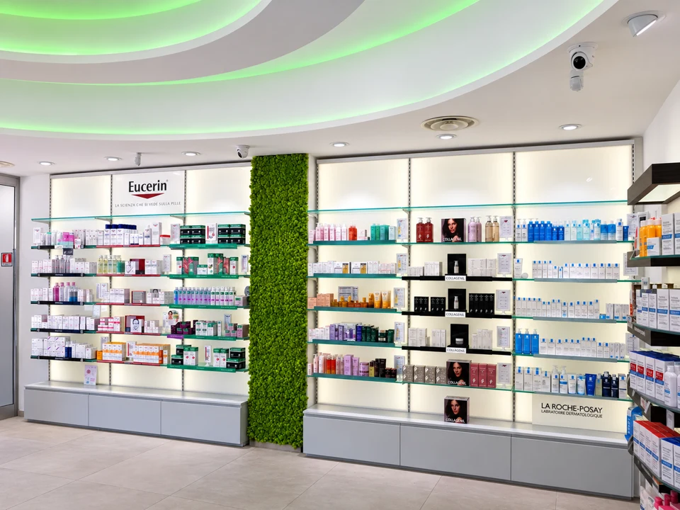 Central island and pharmacy cosmetics shelving
