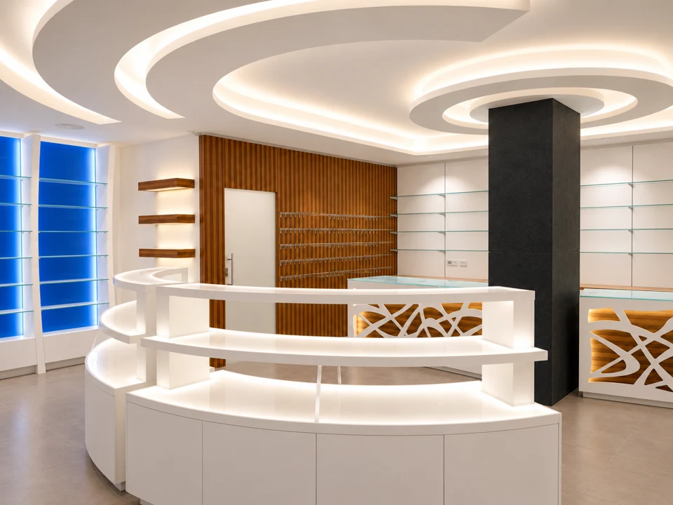 Curves and light: interwoven wood — White curved island and pillar beneath luminous rings
