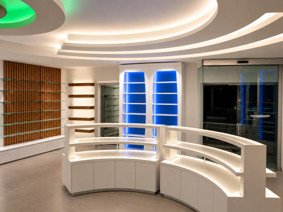 Curves and light: interwoven wood — White curved island facing the glazed entrance