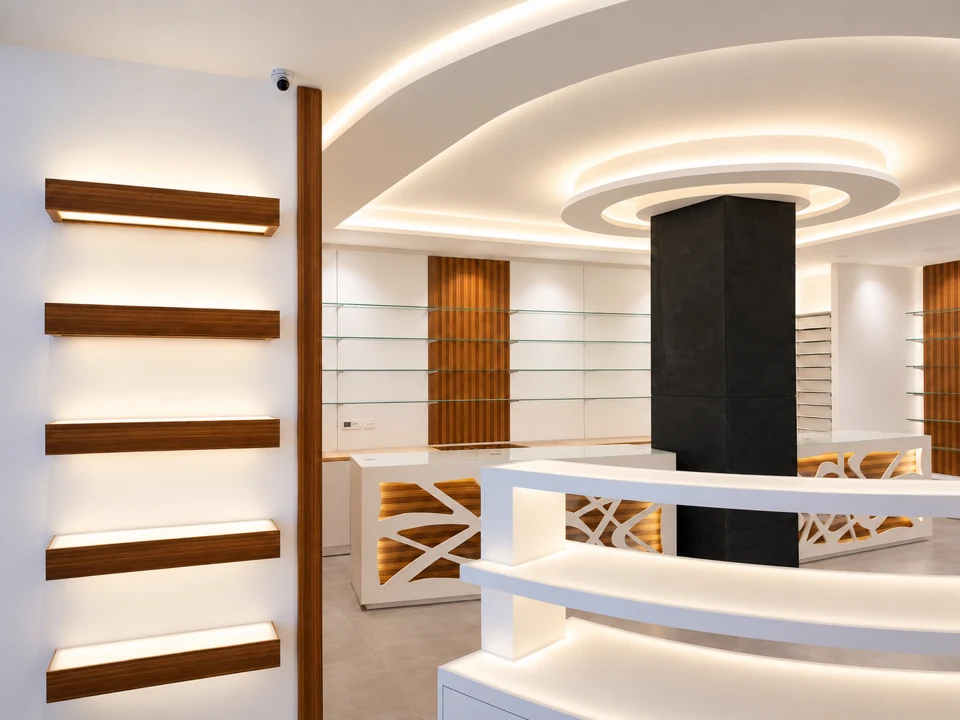 Curves and light: interwoven wood — Wood shelves, curved island and central pillar